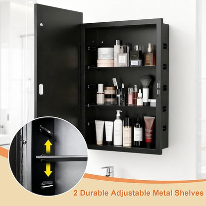 Recessed Medicine Cabinet with Mirror 16x24 inch, Mirrored Medicine Cabinets for Bathroom, Black Bathroom Mirror with Storage, Metal Medicine Cabinet with Mirror, 2 Adjustable Metal Shelves