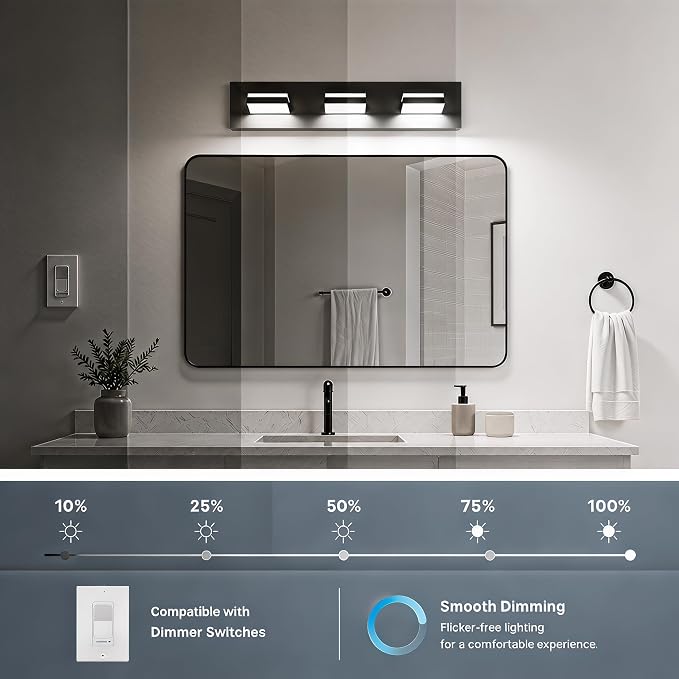 Black Modern LED Bathroom Vanity Light Fixtures over Mirror (22 in 3-Light) | Rotatable Heads, Dimmer Compatible, Wall Mount, Square Shape Design