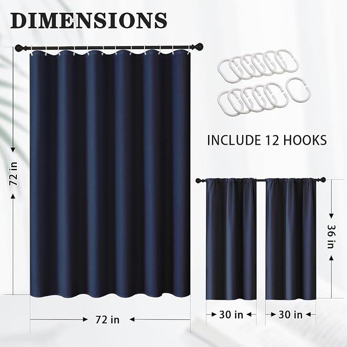 Shower Curtain Set, for Bathroom Decor 72" x 72", Modern Navy | Navy Waffle Textured Solid Waffle Textured Cloth Waterproof Matching Window Shower Curtain 36 x 30 Inches