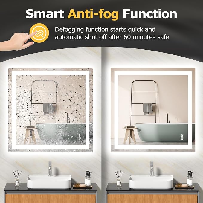 Hivone 36"X36" LED Bathroom Mirror with Lights, Anti-Fog, Dimmable, Backlit + Front Lit, Smart Bathroom Vanity Mirror, Memory Function, Shatterproof, Tempered Glass (Horizontal/Vertical)