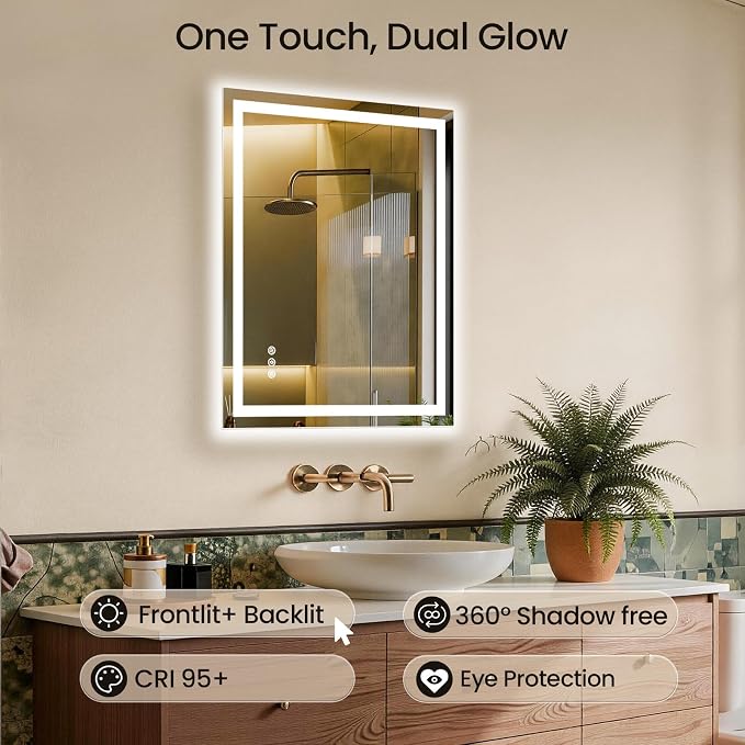 32x36 LED Bathroom Mirror with Anti-Fog, Backlit & Front Lit, Memory | Stepless Dimmable 3 Color CRI 95+ Shatterproof Tempered Glass ETL Listed for Safety Lighted Bathroom Vanity Mirror for Wall