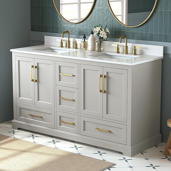 60 Inch Bathroom Vanity with Double Sink Combo, Solid Wood Frame with Mable Top &Backspalsh, Fully-Assembled with Soft-Closing Doors & 5 Drawers, Greige
