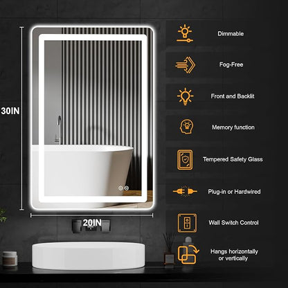 LED Bathroom Vanity Mirror with Lights, 20"x30" Lighted Wall Mirror | Front and Backlit, Anti Fog, Dimmable 3 Color Lighting, Memory Function, Shatterproof Glass, Plug in or Hardwired