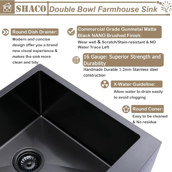 33 Inch Black Double Bowl Divided 50/50 Farmhouse Sink, 33x21 Gunmetal Black Stainless Steel Undermount Apron Front Farm Kitchen Sink