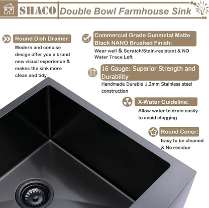 33 Inch Black Double Bowl Divided 50/50 Farmhouse Sink, 33x21 Gunmetal Black Stainless Steel Undermount Apron Front Farm Kitchen Sink