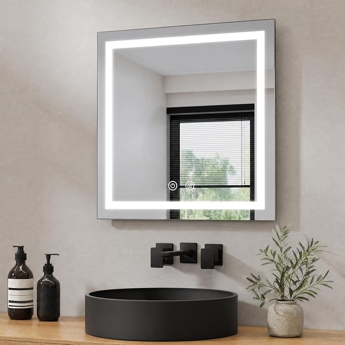 28"X28" Square LED Bathroom Mirror with Lights | Lighted Bathroom Vanity Mirror for Wall, Anti-Fog, Dimmable, 3 Color Temperature, HD Tempered Glass(Vertical Only)