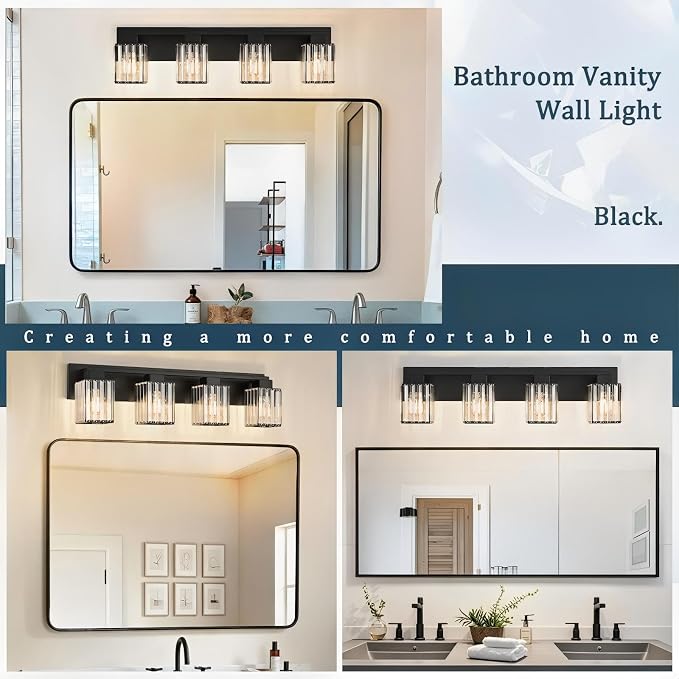 4-Light Black Crystal Vanity Light Bathroom Lighting Fixtures Over Mirror | Wall Sconces with Square Crystal Shades, E26 Socket, Modern Vanity Lights for Bathroom (Bulbs Not Included)