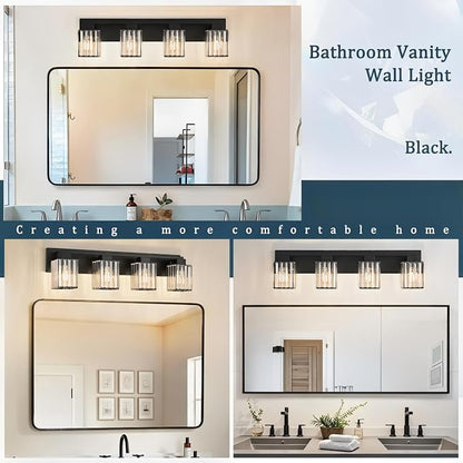 4-Light Black Crystal Vanity Light Bathroom Lighting Fixtures Over Mirror | Wall Sconces with Square Crystal Shades, E26 Socket, Modern Vanity Lights for Bathroom (Bulbs Not Included)