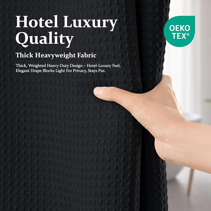 Long Waffle Shower Curtain 256 GSM Heavy Fabric 72x80 Black | 80 Inch Long, Thick Cloth, Weighted Hem, Water Repellent, Hotel Luxury Polyester Shower Curtain Set for Bathroom 12 Hooks