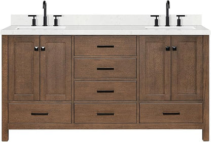 DKB Beckford 66-Inch Brown Oak Double Bathroom Vanity with Sink, 1.5-Inch Edge Carrara White Quartz Countertop & 4" Backsplash, Soft-Closing Doors & Drawers, Solid Oak Wood Construction