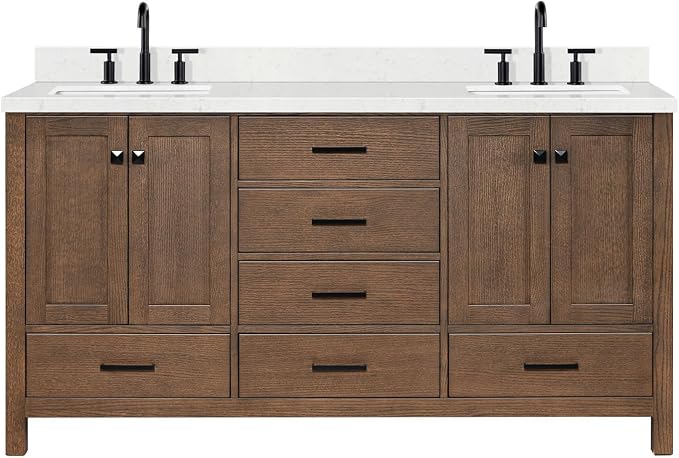 Beckford 66-Inch Brown Oak Double Bathroom Vanity with Sink, 1.5-Inch Edge Carrara White Quartz Countertop & 4" Backsplash, Soft-Closing Doors & Drawers, Solid Oak Wood Construction