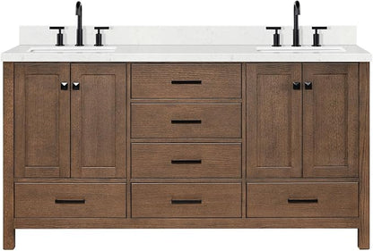 Beckford 66-Inch Brown Oak Double Bathroom Vanity with Sink, 1.5-Inch Edge Carrara White Quartz Countertop & 4" Backsplash, Soft-Closing Doors & Drawers, Solid Oak Wood Construction