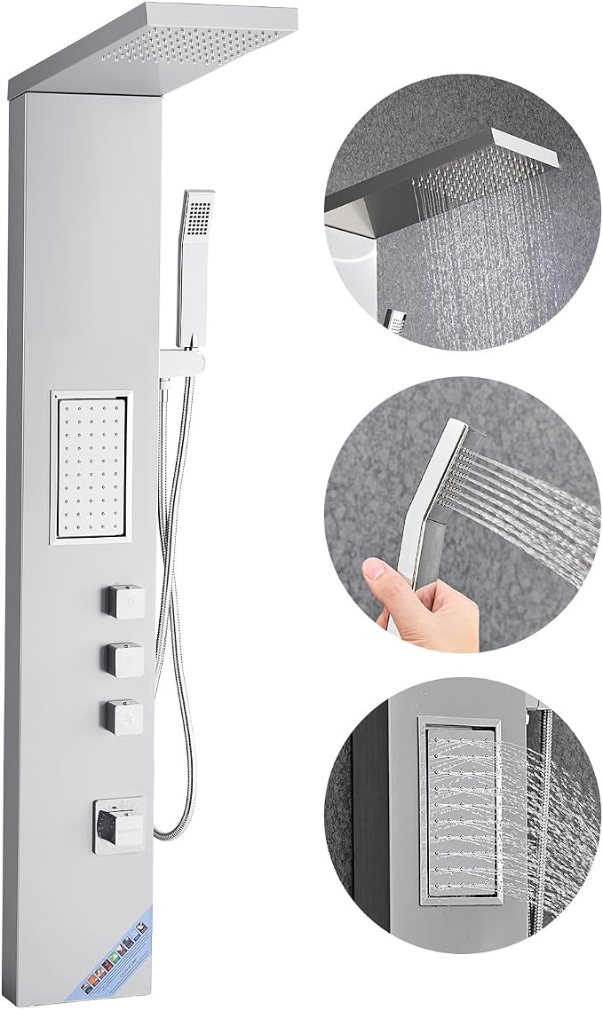 VEVOR Shower Panel Tower System with Rainfall Shower Head, 53 in Brushed Stainless Steel Shower Column, 3-Function Faucet, High Pressure Wall-Mount Rain Massage System, with Large Body Jet, Handheld