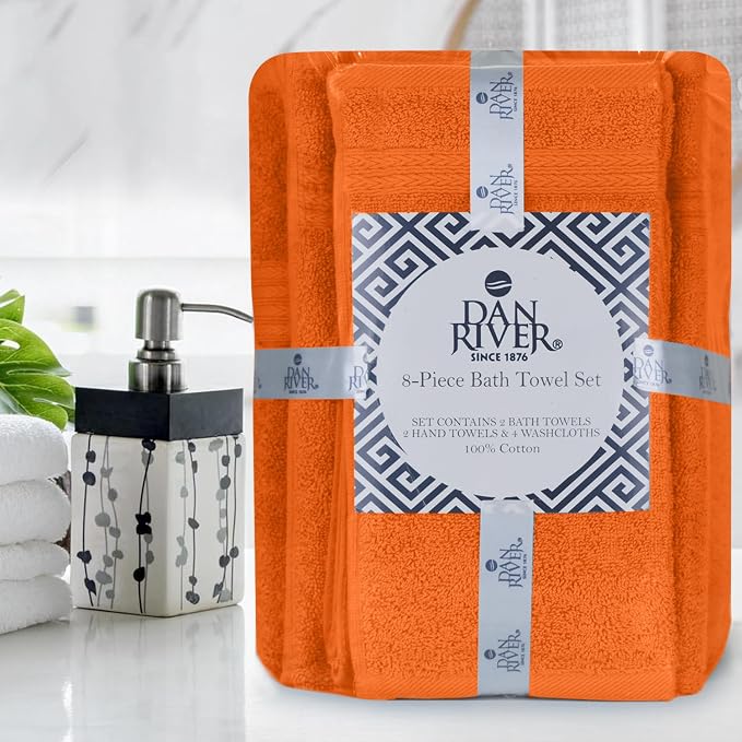 DAN RIVER 8 Piece Luxury Bath Towels for Bathroom, Towel Set, Orange | 2 Bath towels, 2 Hand towels, and 4 Wash Cloths, 600 GSM 100% Ring Spun Cotton, Highly Absorbent, Gym, Hotel, guest, and Spa