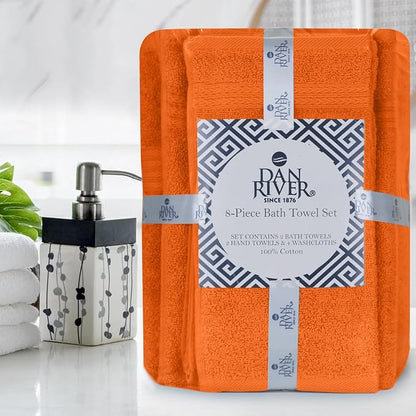 DAN RIVER 8 Piece Luxury Bath Towels for Bathroom, Towel Set, Orange | 2 Bath towels, 2 Hand towels, and 4 Wash Cloths, 600 GSM 100% Ring Spun Cotton, Highly Absorbent, Gym, Hotel, guest, and Spa