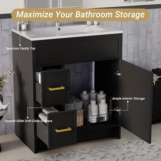 30 Inch Freestanding Bathroom Vanity with Sink, Shaker Style Black Cabinet with 2 Drawers & Single Door, Waterproof Lacquer Finish, Space-Saving for Small Bathroom & Apartment