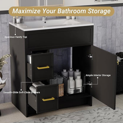 30 Inch Freestanding Bathroom Vanity with Sink, Shaker Style Black Cabinet with 2 Drawers & Single Door, Waterproof Lacquer Finish, Space-Saving for Small Bathroom & Apartment
