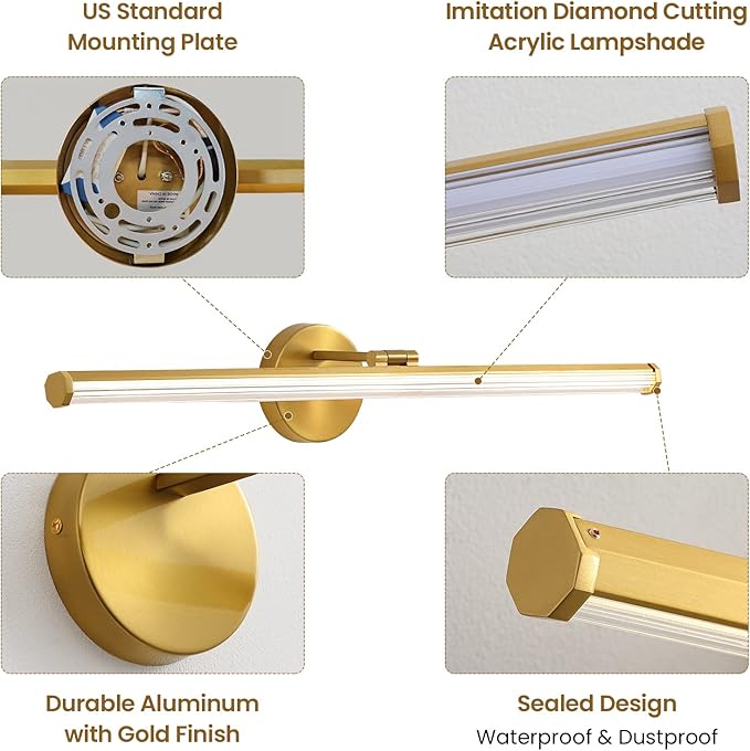 KAISITE Bathroom Lighting Fixture Over Mirror - 30 Inch Gold Vanity Light 24W 4000K Dimmable Modern LED Vanity Light Fixture Rotatable Bath Vanity Light Bar for Bathroom