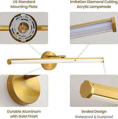 KAISITE Bathroom Lighting Fixture Over Mirror - 30 Inch Gold Vanity Light 24W 4000K Dimmable Modern LED Vanity Light Fixture Rotatable Bath Vanity Light Bar for Bathroom