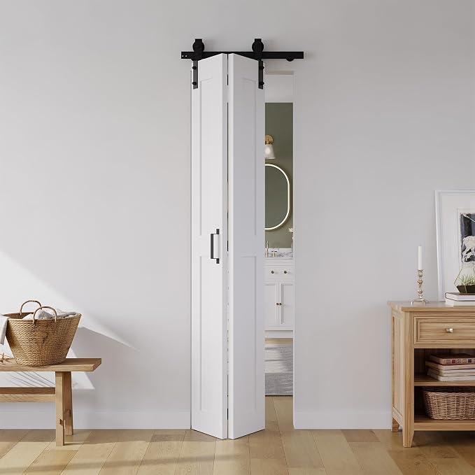 SMARTSTANDARD Bifold Barn Door 24" x 84", MDF Bi-Fold Sliding Closet Doors | Hardware Kit Included, Pre-Finished Easy Assembly, Water-Proof PVC Surface & Save Space, H-Frame, 28" Track for 2 Doors