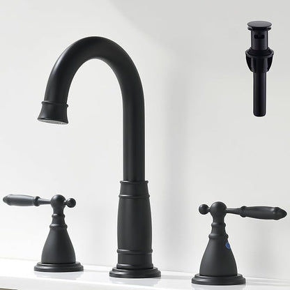 Black Widespread Bathroom Faucet 3 Holes - 8In Two Handles faucets for Bathroom Sink | Vintage Antique Lavatory Vanity Sink Faucets with Pop-up Drain Assembly & Supply Lines Matte Black