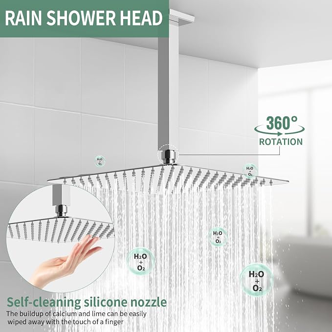 SunCleanse Rainfall Shower Faucet Set with High Pressure in Polished Chrome | Ceiling mounted shower combo set featuring a 12" square rain head, handheld spray, and rough-in mixer valve with trim.
