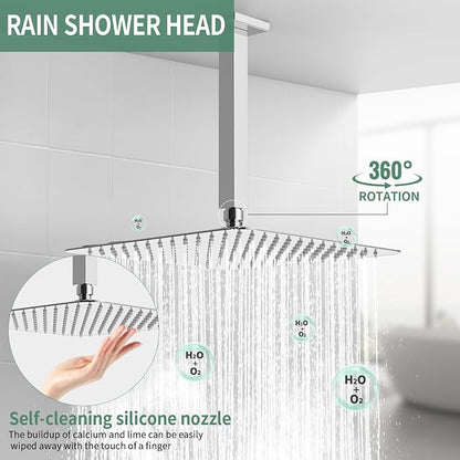 SunCleanse Rainfall Shower Faucet Set with High Pressure in Polished Chrome | Ceiling mounted shower combo set featuring a 12" square rain head, handheld spray, and rough-in mixer valve with trim.