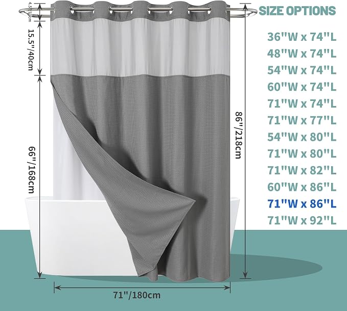 eachope No Hook Long Waffle Shower Curtain, Snap-in Liner, 71x86 in, Grey | 230 GSM waffle weave fabric, waterproof liner set with 2 bottom magnets, mesh top window, washable, for bathroom or hotel use