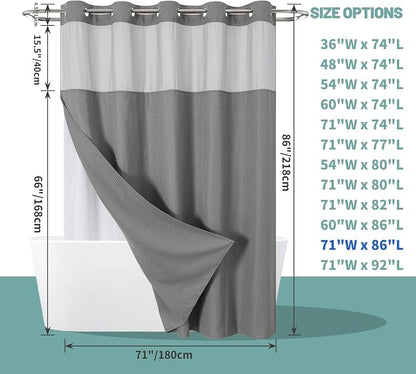 eachope No Hook Long Waffle Shower Curtain, Snap-in Liner, 71x86 in, Grey | 230 GSM waffle weave fabric, waterproof liner set with 2 bottom magnets, mesh top window, washable, for bathroom or hotel use