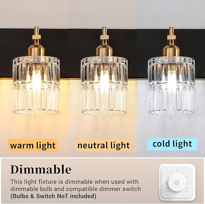 OCIOC Bathroom Vanity Light, 3-Light Black and Gold Vanity Lights over mirror, E26 Wall sconces with glass shape, Farmhouse Lighting fixture for bedroom, living room, hallway