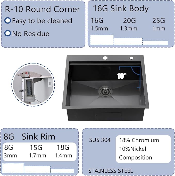 25 Inch Black kitchen Sink Drop in - 25"x22" Topmount Ledge Workstation Kitchen Sinks 16 Gauge Handmade Stainless Steel Single Bowl Sink with All Accessories for Kitchen Laundry Utility