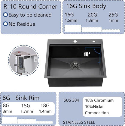 25 Inch Black kitchen Sink Drop in - 25"x22" Topmount Ledge Workstation Kitchen Sinks 16 Gauge Handmade Stainless Steel Single Bowl Sink with All Accessories for Kitchen Laundry Utility