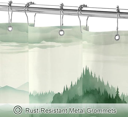 Litabel Green Misty Pine Forest Shower Curtain, Mountain Foggy Woodland Scenery Tree Shower Curtains for Chic Rustic Bathroom, Abstract Modern Waterproof Nature-Themed Decor, 72x72 Inches