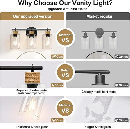 MOKATNG Bathroom Light Fixtures, 3-Light Farmhouse Vanity Lights with Hemp Rope, Black Bathroom Wall Lamp for Mirror Kitchen Hallway Cabinet