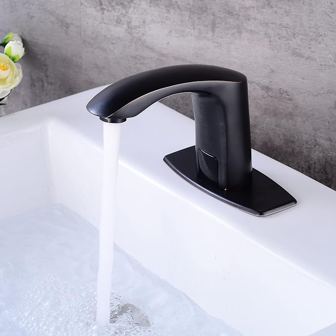 Automatic Touchless Bathroom Sink Faucet Sensor Motion Activated Commercial Faucets Hands Free Infrared Residential Basin Tap with Deck Plate Water Mixer Valve Control Box (Matte Black)