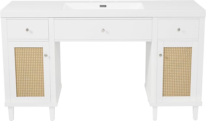 60 Inch White Bathroom Vanity with Single Sink & Integrated Countertop,Large Bathroom Vanity with Rattan Doors,2 Drawers & Storage Cabinets,Gas Spring Tip-Out Tray,Soft Closing System,Solid Wood Legs