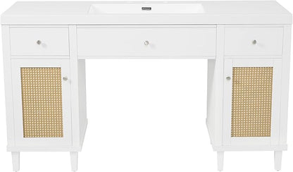 60 Inch White Bathroom Vanity with Single Sink & Integrated Countertop,Large Bathroom Vanity with Rattan Doors,2 Drawers & Storage Cabinets,Gas Spring Tip-Out Tray,Soft Closing System,Solid Wood Legs