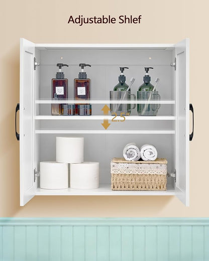 Wall Cabinet with Adjustable Shelf, Laundry Room Cabinet with 2 Doors, Kitchen Storage Cupboard Cabinet, Wall Mount Medicine Cabinet for Bathroom, Living Room, White