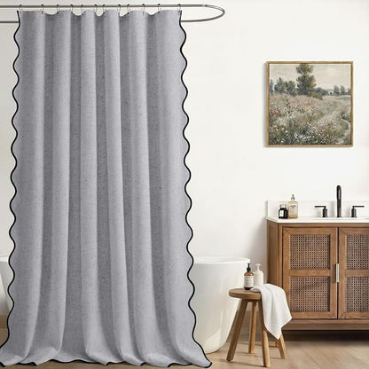 Scalloped Shower Curtain Linen Boho Flax Grey 72" W x 72" L | Linen Fabric, Black Border, Washable, Heavy Duty Cloth, Shower Curtain for Boho Farmhouse Bathroom Bathtub