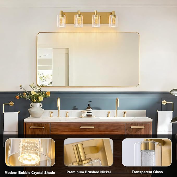 SineRise Vanity Light with 3 Color Modes (3000K/4000K/6000K), Eye Protection LED Bathroom Light Fixture, Dimmable Modern Wall Light Over Mirror with Clear Glass Shade (Gold, 4-Light)