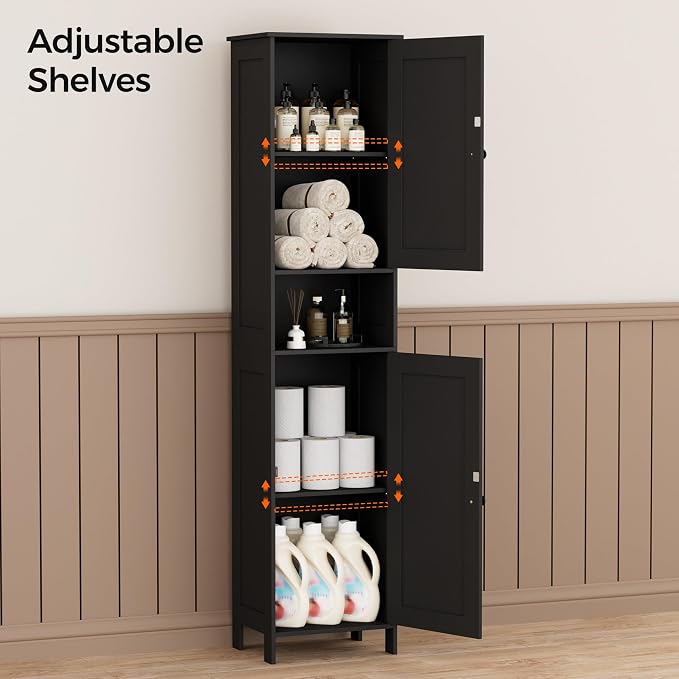 Homleke Tall Bathroom Storage Cabinet with 2 Doors, Slim Bathroom Cabinet | Narrow Storage Cabinet with Adjustable Shelves, Anti-Tip Design, Reversible Door, Easy Assembly, Black, 15.7''W