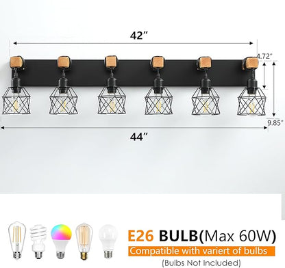 Farmhouse Vanity Light Fixture,6-Light Bathroom Lighting,Black Industrial Wood Wall Light Over Mirror with Metal Shade,LED Bulbs Not Included