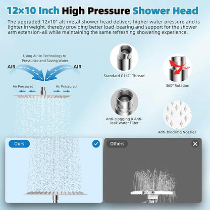 Hibbent 12'' Rainfall Shower Head with 4-mode Handheld Shower Spray, Chrome | cUPC Certified High Pressure Showerhead Combo, 12'' Adjustable Extension Arm, Extension Bar, Easy Reach Holder, 71'' Hose