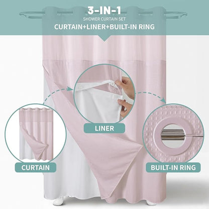 No Hook Waffle Shower Curtain with Snap-in Liner, 71x74 Inch, Blush Pink | 230 GSM waffle weave fabric, waterproof liner set with 2 bottom magnets, mesh top window, washable, for bathroom or hotel use