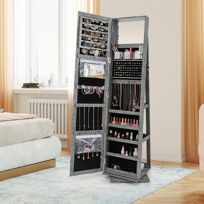 LOKO 360° Rotating Jewelry Armoire, Freestanding Jewelry Cabinet with Inside Makeup Mirror, 2-in-1 Lockable Jewelry Organizer w/Full-Length Mirror for Women (Stone Gray)