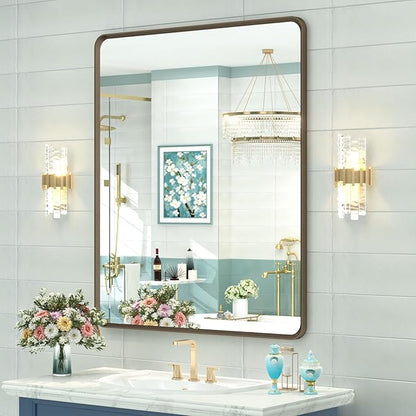OKPAL 30x36 Bronze Bathroom Wall Mirror, Modern Brushed Metal Framed Mirror for Vanity, Bronze Rounded Rectangle, Anti-Rust, Tempered Shatterproof (Horizontal/Vertical)