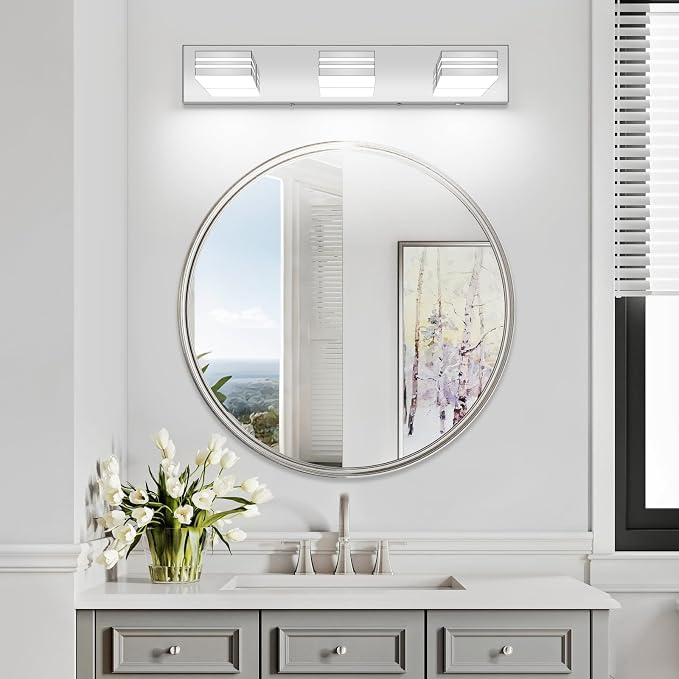 LED Modern Bathroom Vanity Light Fixtures (3-Light, 24-Inch)(5CCT, Dimmable), Chrome Modern Bathroom Wall Lighting Fixtures Over Mirror (3000K/3500K/4000K/5000K/6000K)