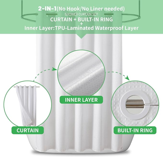 eachope No Hook Waffle Shower Curtain, No Liner Needed, 71x74 Inch, White | 100% waterproof TPU-laminated backing, magnetic weighted hem, machine washable, shower curtain set for bathroom or hotel use