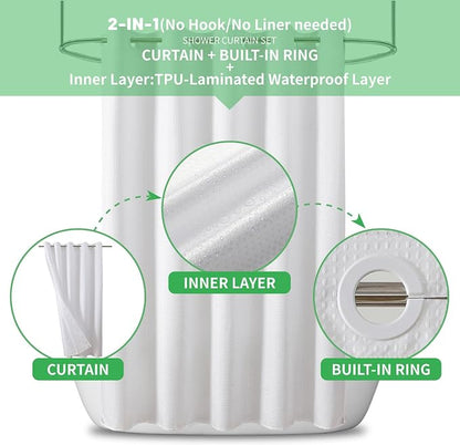 eachope No Hook Waffle Shower Curtain, No Liner Needed, 71x74 Inch, White | 100% waterproof TPU-laminated backing, magnetic weighted hem, machine washable, shower curtain set for bathroom or hotel use