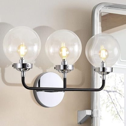 JONATHAN Y 22" Chrome/Black 3-Light LED Wall Sconce Vanity Lighting, Clear Glass Globe Shade Modern Contemporary Sconce for Bathroom Mirror, Hallway, UL Listed (JYL9058A)